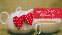 white tea pot with matching white cup of tea and small red and white polka dot love hearts, advertising valentine's and galentine's day event.